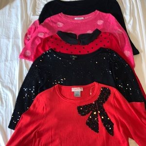 Five twee/sequins sweaters Sz M&L